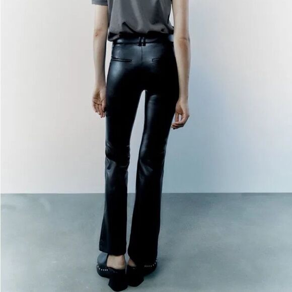 Zara Faux Leather Flared Pants Black New - Picture 3 of 3
